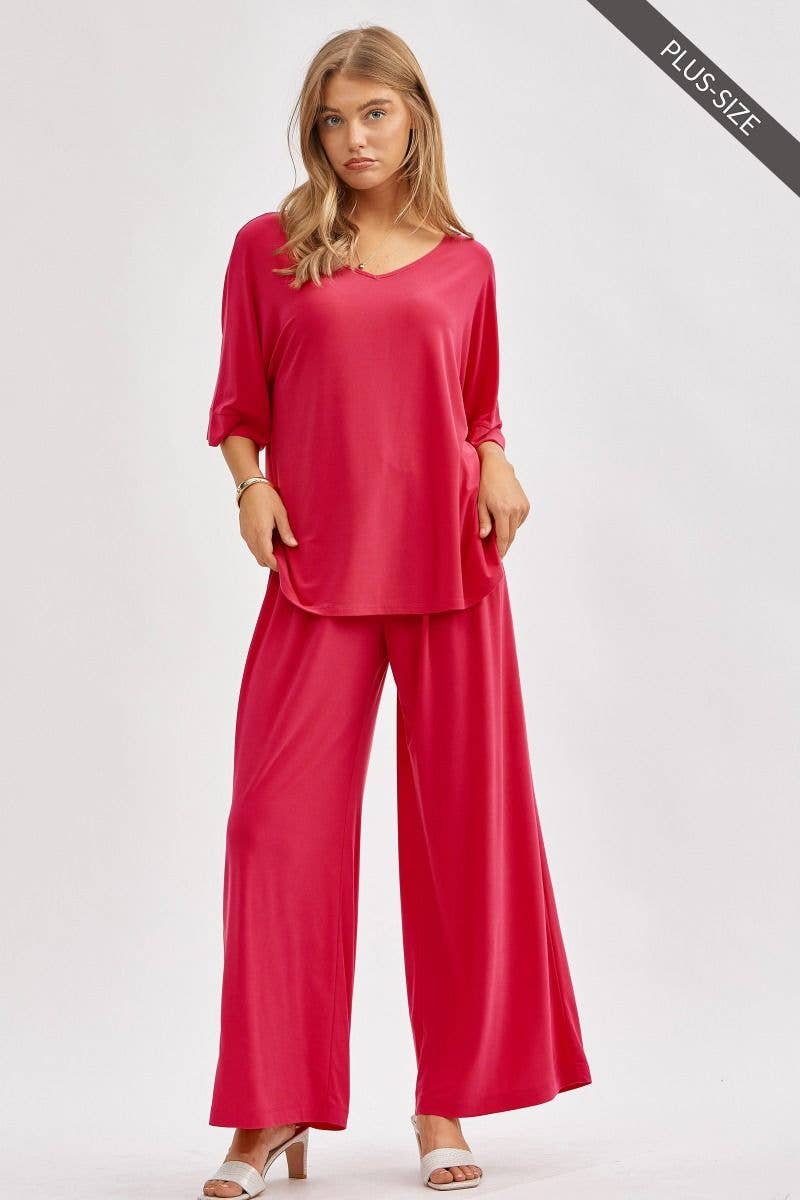 Dear Scarlett - PLUS SIZE Stylish Flowy Top + Wide Leg Set TRVSET-CABANAP: EMERALD / XL