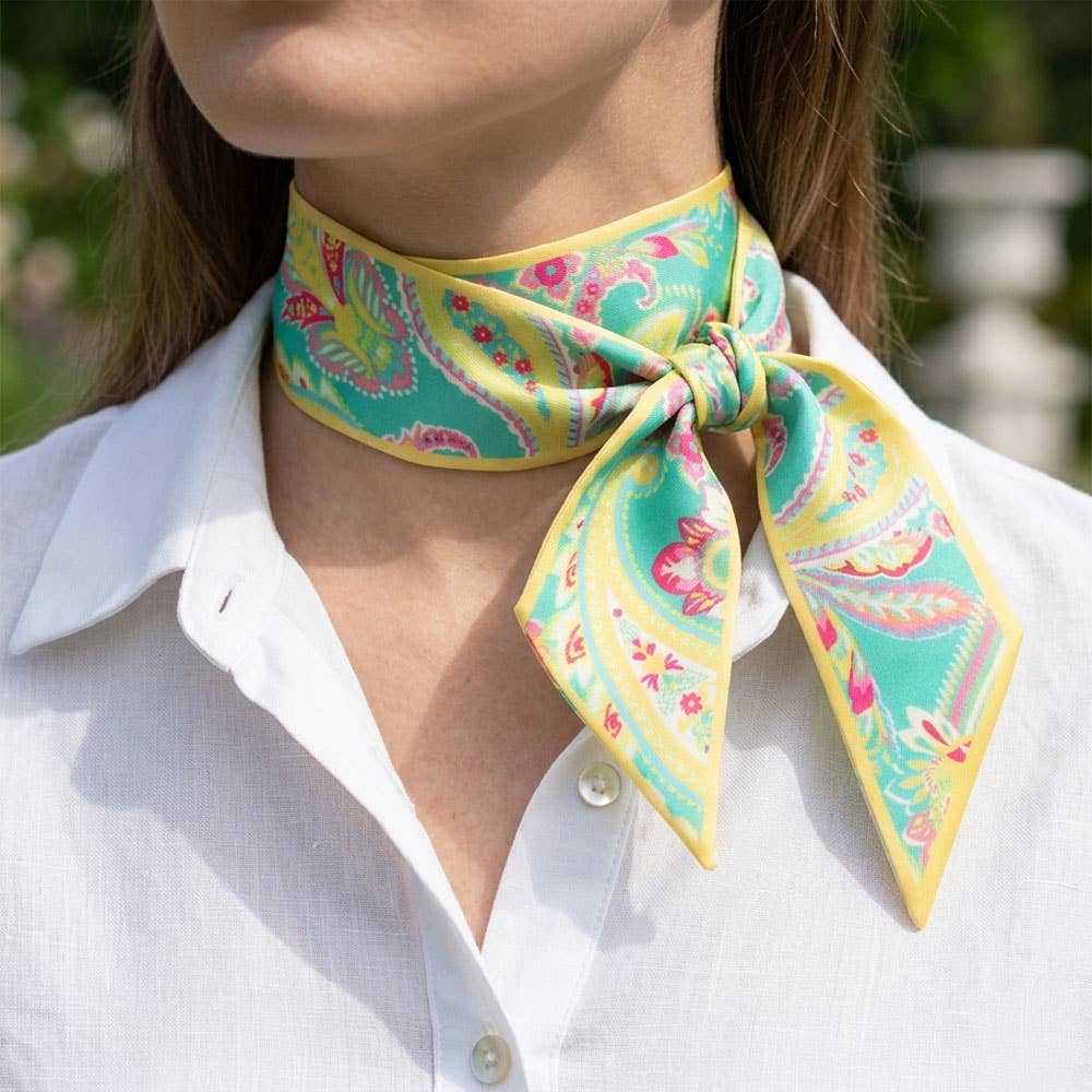 Sensibling Corp. - Botanical Stripe Paisley Print Silk Feel Twilly Skinny Scarf: Yellow
