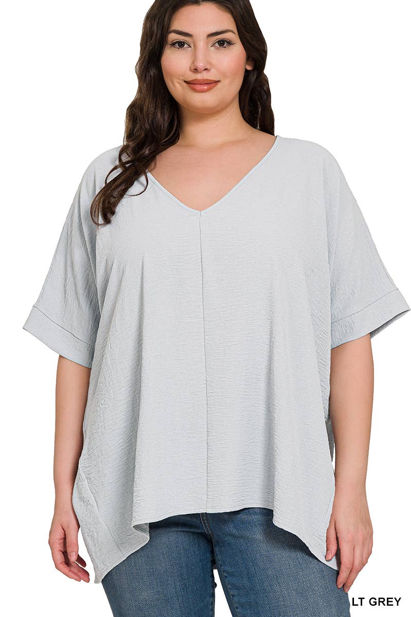 42POPS - PLUS SIZE WOVEN AIRFLOW V-NECK DOLMAN SHORT SLEEVE TOP: LT NAVY-152211 / 2X