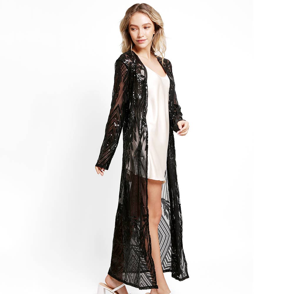 Sensibling Corp. - Leaves Pattern Sequin Long Cover-Up Kimono Poncho: Rose Gold