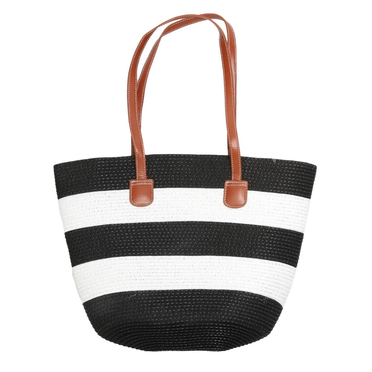 SP Sophia Collection - Striped Woven Shoulder Bag with 25" Faux Leather Handles: Black/White