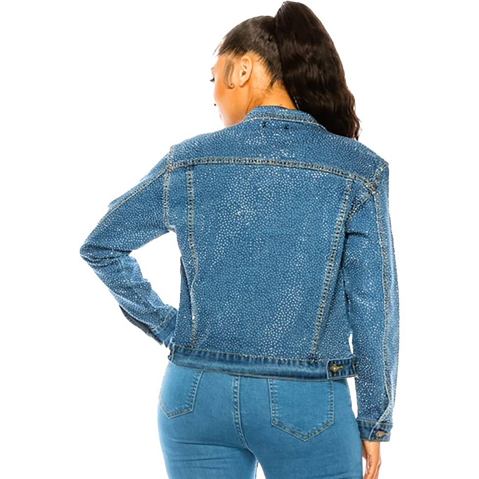 Diacly - Bling Chip Rhinestone Attached Denim Jacket: L