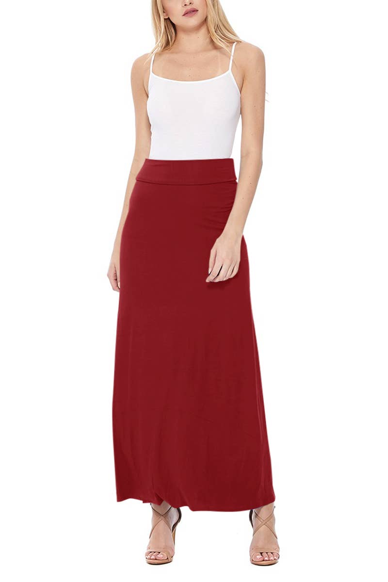 MOA COLLECTION - Solid Color Basic Casual Knit Long Maxi Skirt: Burgundy / XXL