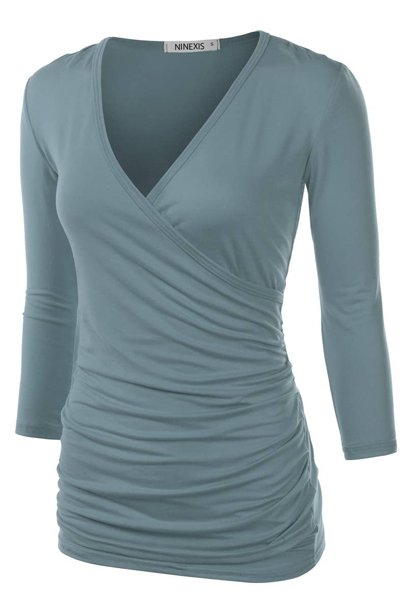 NINEXIS - CWTTL1403_3/4 Sleeve Tank Tops Deep V-Neck Surplice Wrap: NAVY / (S) 1