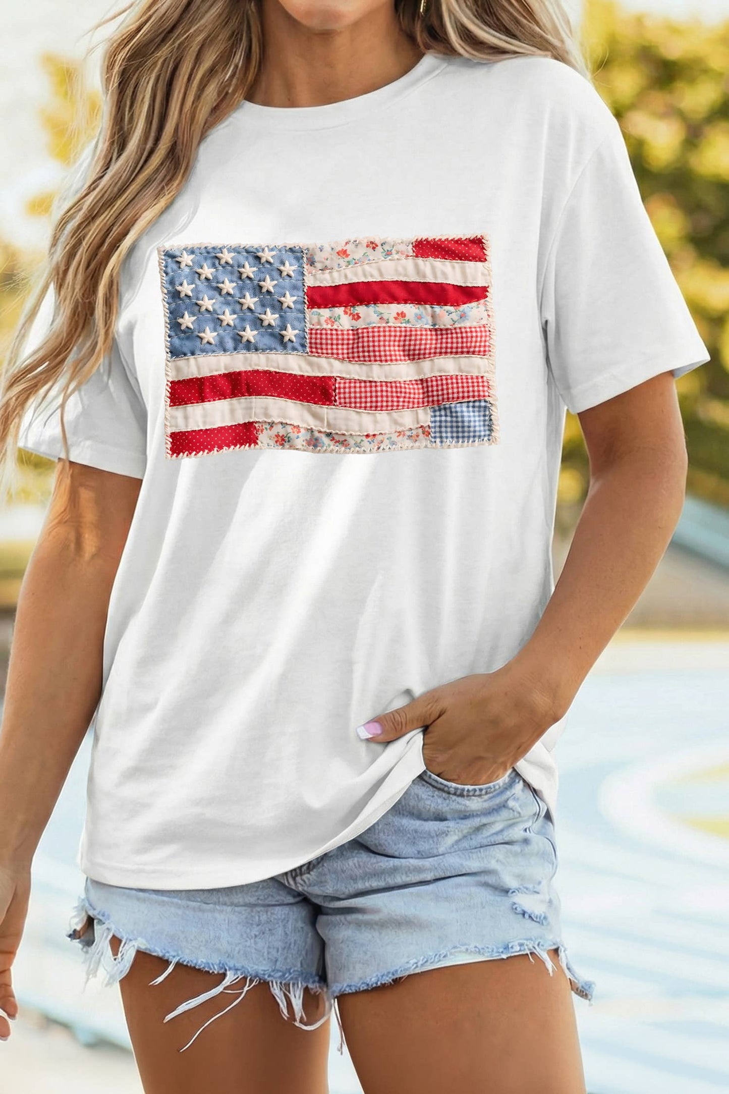 66DISCO - Faux Patchwork Printed US Flag Casual Tee
