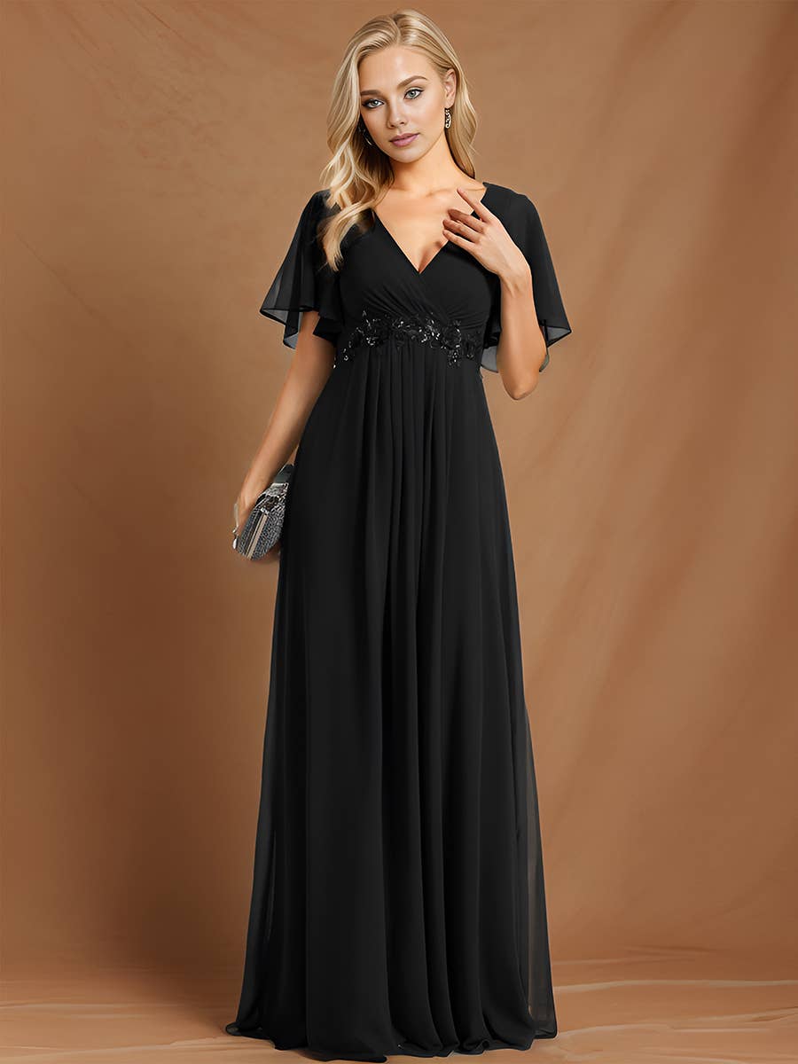 Ever-Pretty - V Neck Appliques Pleated Bridesmaid Dress: Dark Green / 24