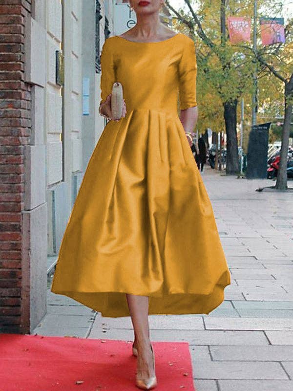 Sheer Trend - A-Line Loose Pleated Pockets Solid Color Split-Joint Round-Neck Midi Dresses: S / GREEN