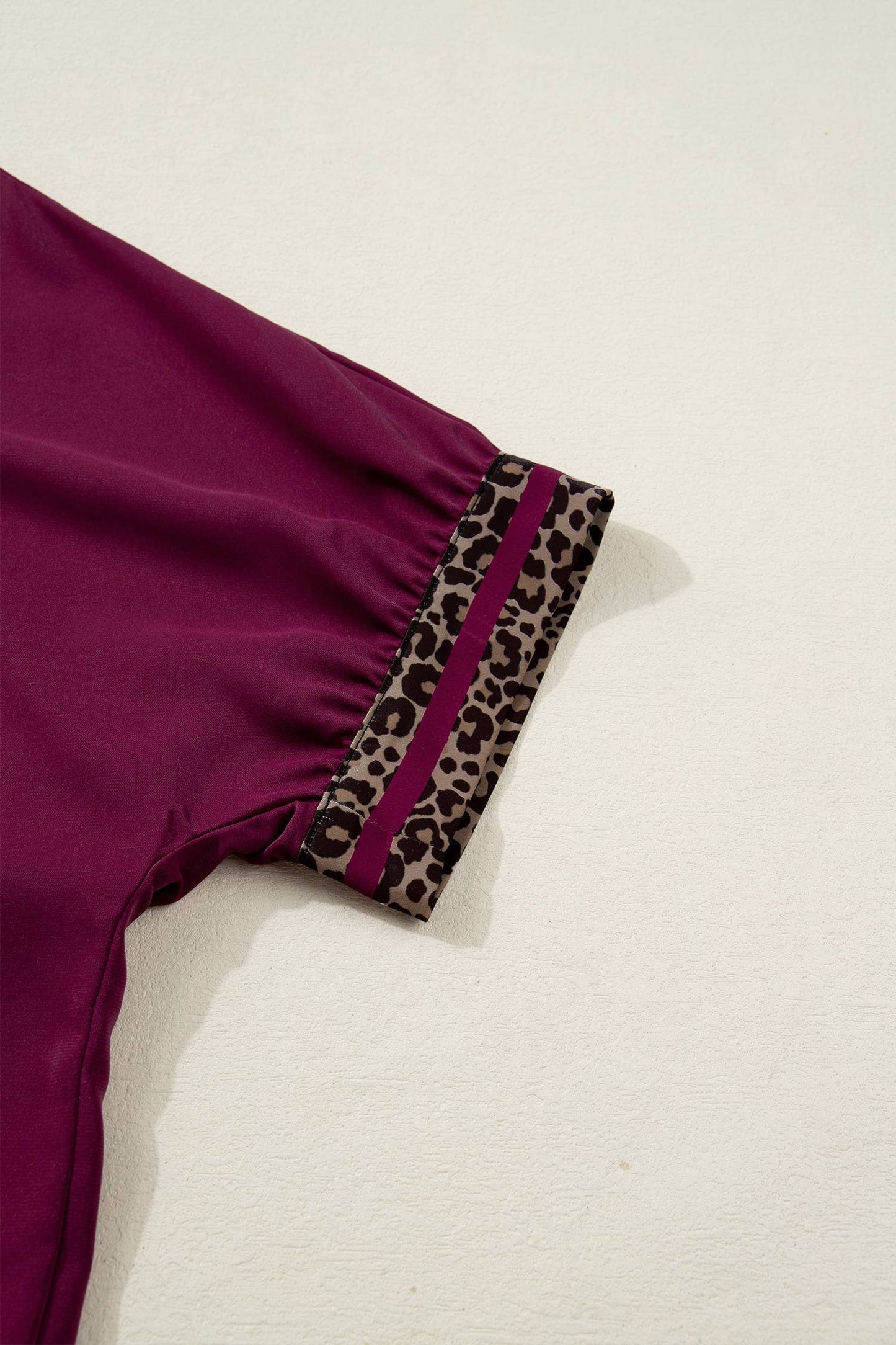 66DISCO - Contrast Leopard Trim V Neck Short Sleeve Blouse (S-XL): Red Dahlia / Missy / M