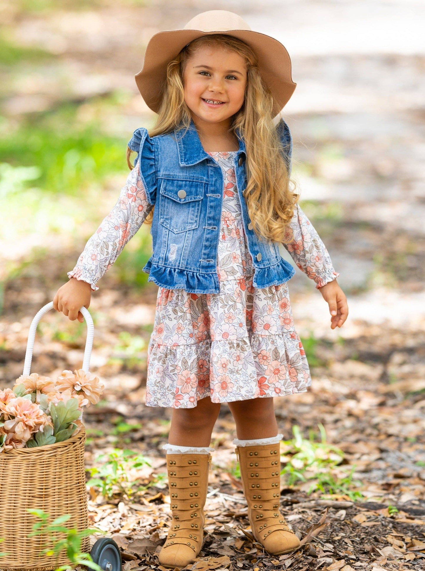 Mia Belle Girls • Wholesale - Long Sleeve Floral Dress w/ Ruffle Denim Vest & Set: Multicolor / 5Y