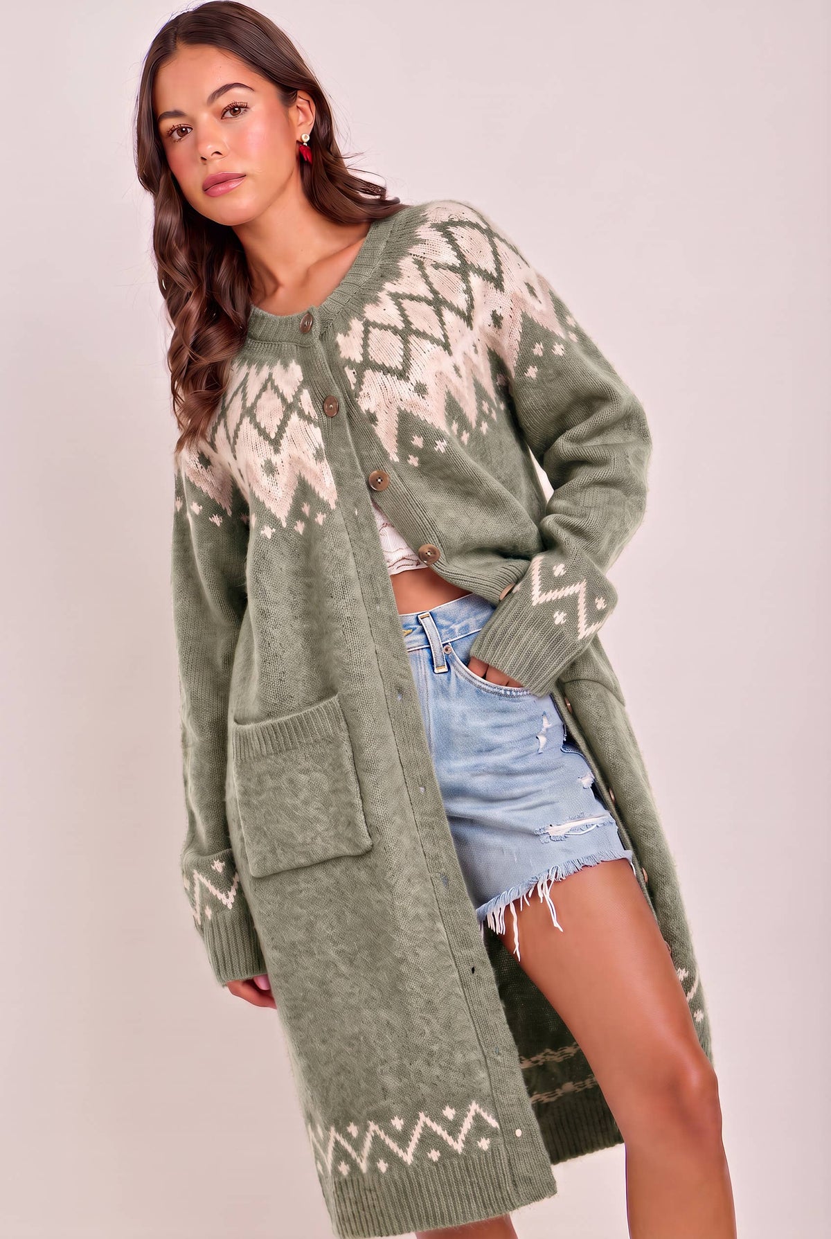 BON - NORDIC FAIR ISLE SWEATER LONG CARDIGAN IN OATMEAL