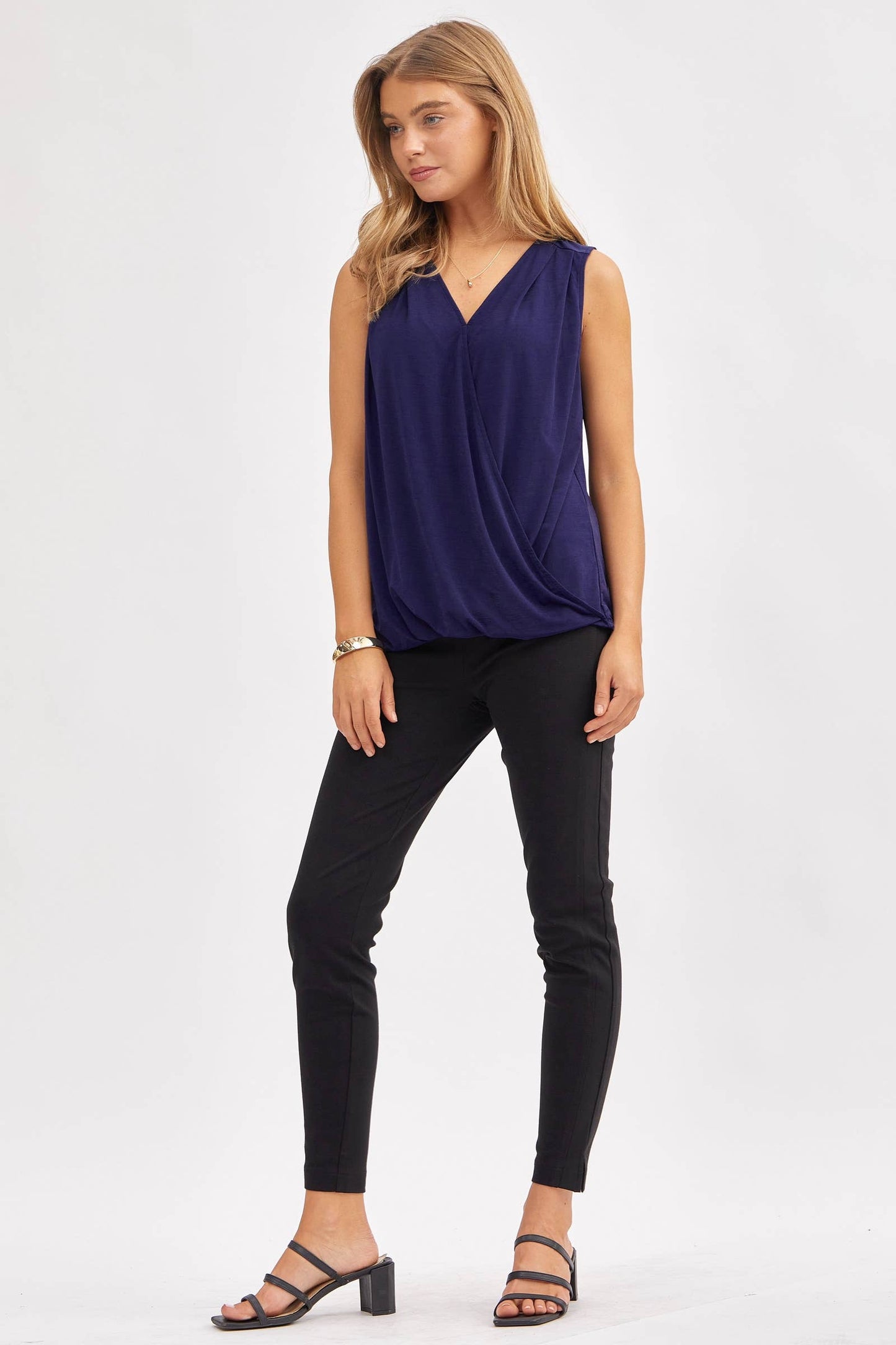 Dear Scarlett - Surplice V Neck Solid Sleeveless Tank Top: BLACK / L