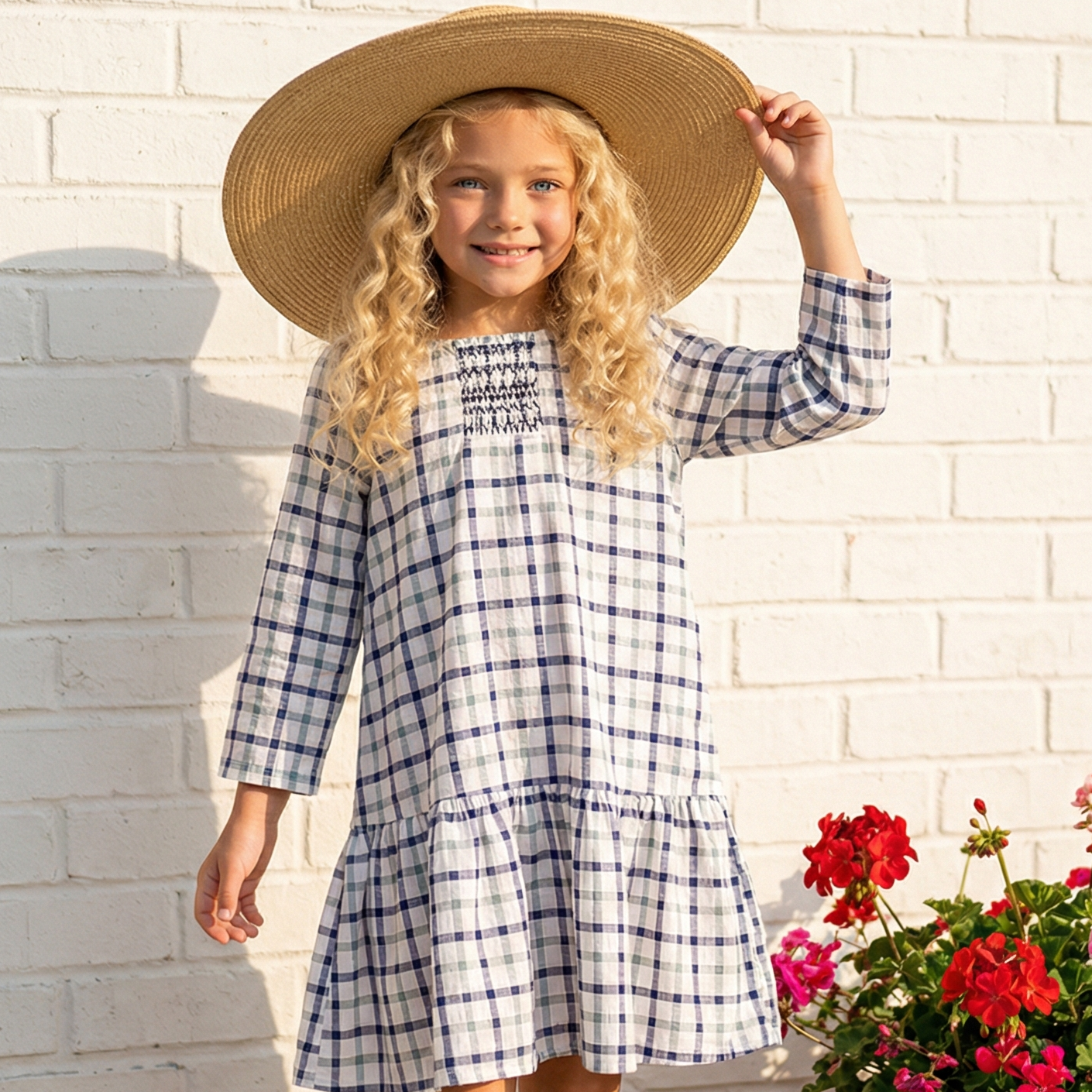 Oopsie Daisy - Girls Navy & White Plaid Smocked Ruffle Spring Dress: 7/8