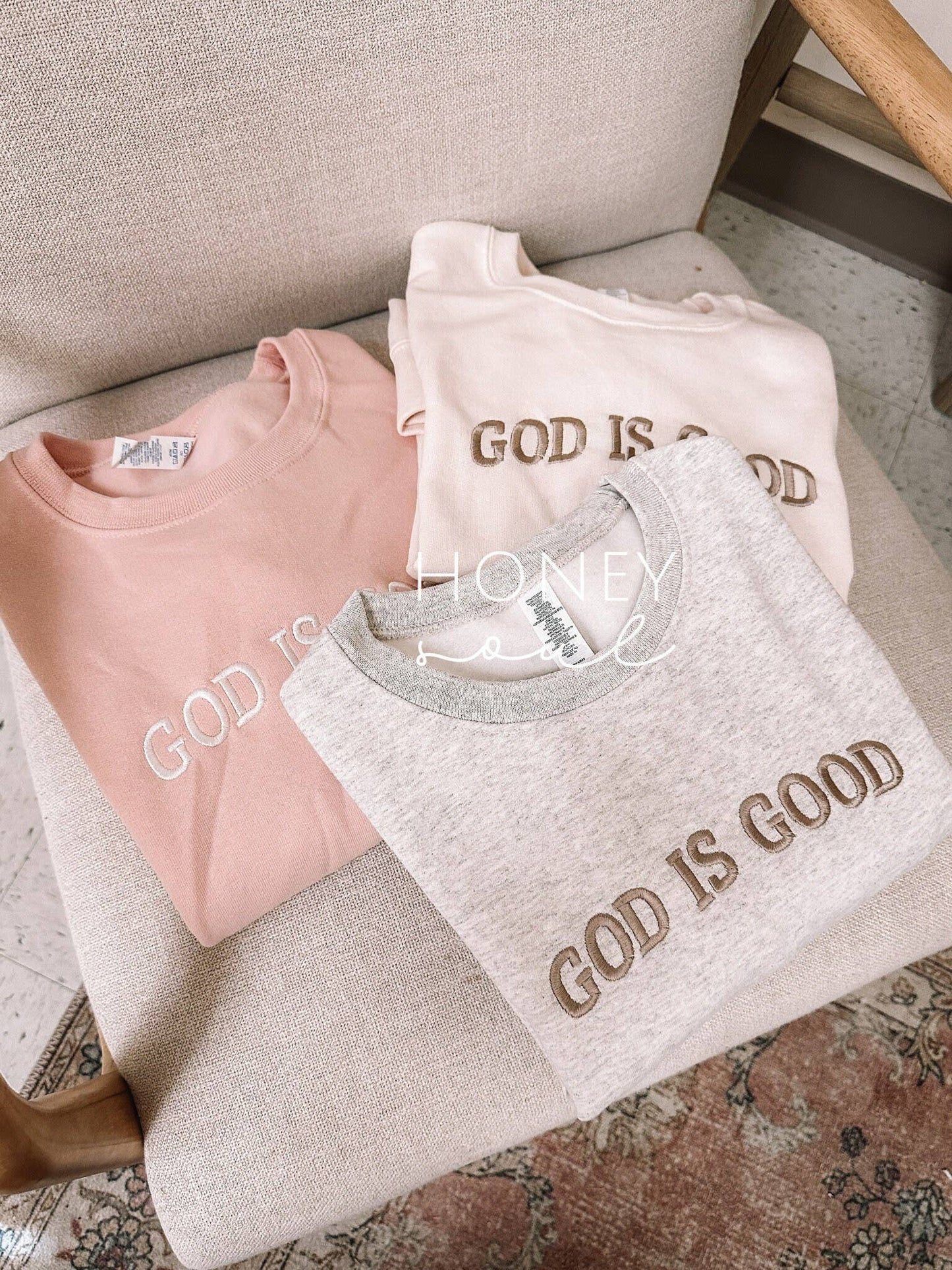 Honey Soul LLC - Embroidered GOD IS GOOD Sweatshirt: Dusty Pink / XLarge