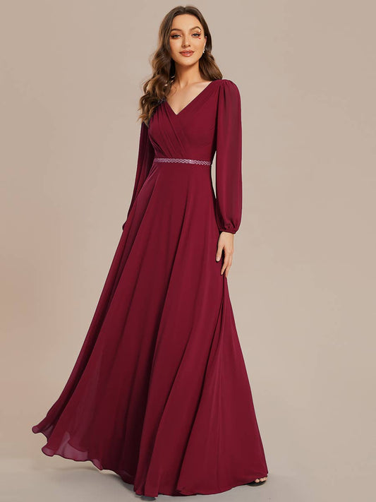 Ever-Pretty - Elegant waisted chiffon V-neck Long Sleeve guest Dress: Burgundy / 12