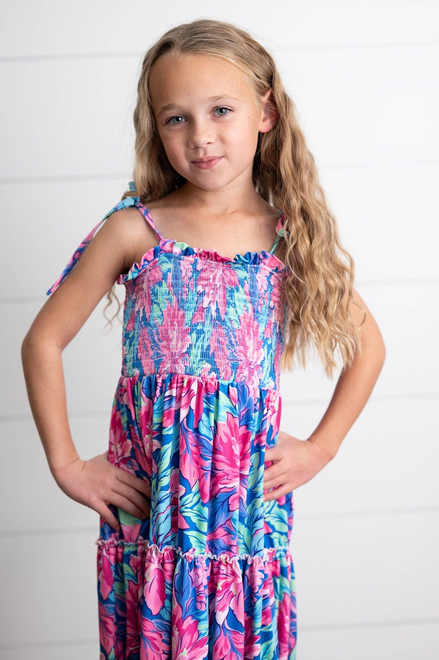 Oopsie Daisy - Girls Hot Pink Hawaiian Tropical Tiered Spring Maxi Dress: 10/12