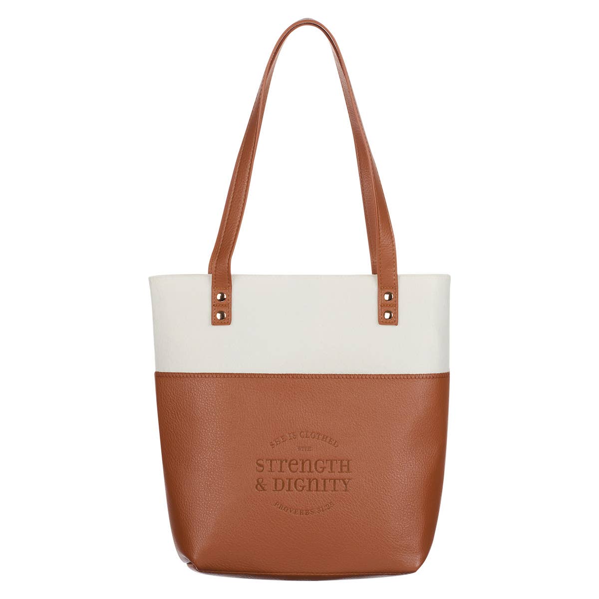 Christian Art Gifts - Bible Tote Cream/Toffee Strength & Dignity Prov. 31:25