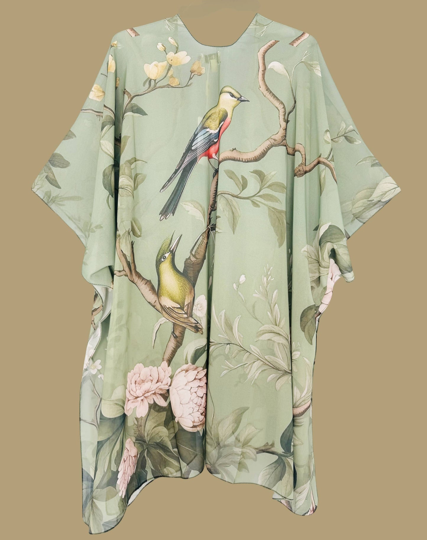 JC Sunny Fashion - JC091729 Green-Multi Spring Garden Blooms & Birds Kimono/Cover-Up
