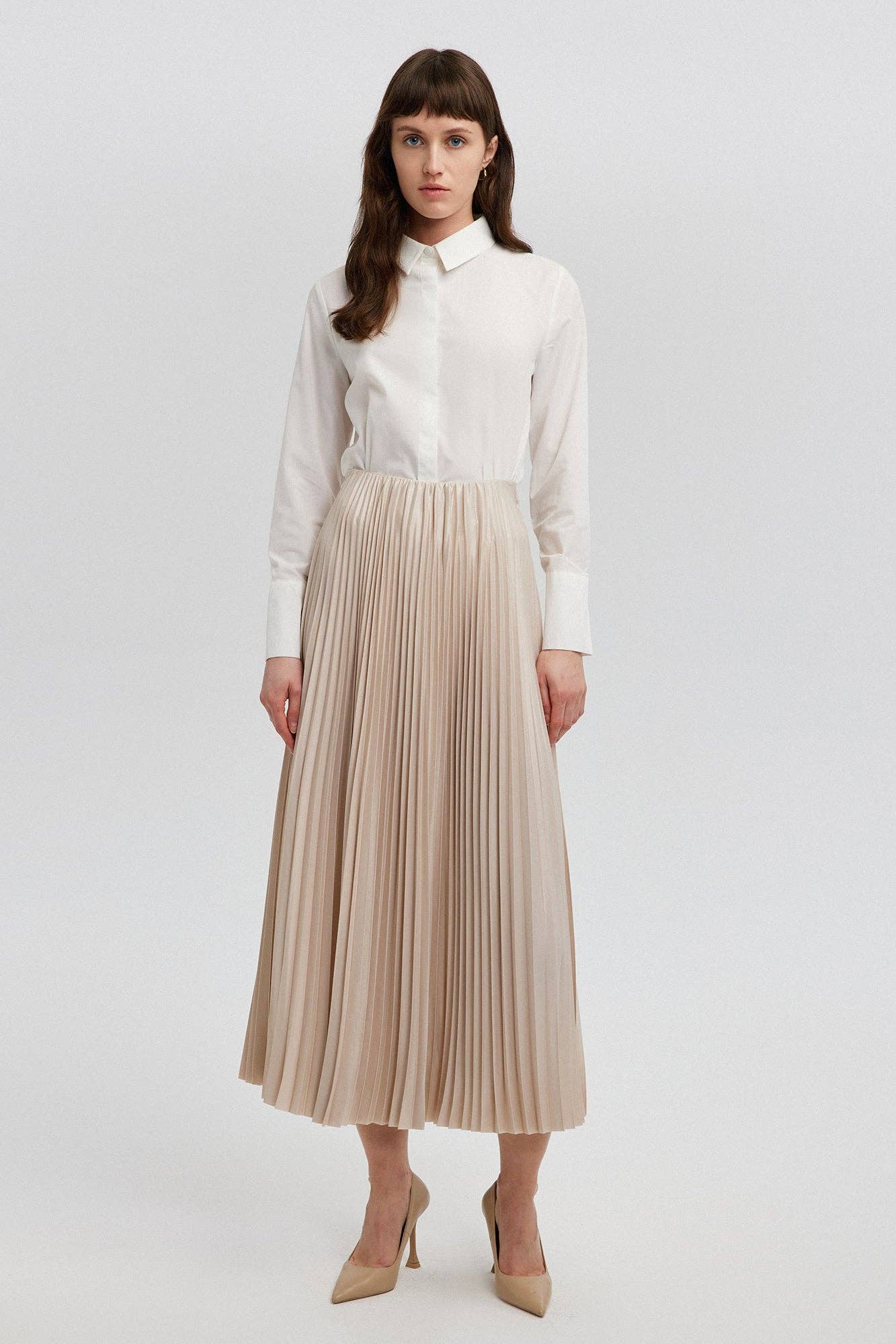 Touché Privé - PLEATED SKIRT - MAXI LENGTH, HIGH WAIST: Beige OS/2-12