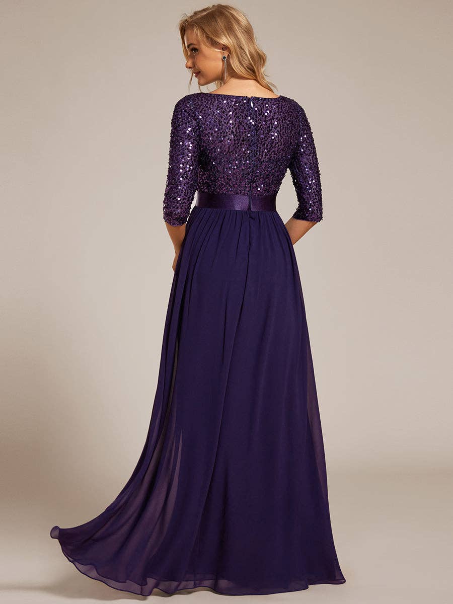 Ever-Pretty - Elegant Round Neckline Sequins Patchwork Dress: Navy Blue / 16