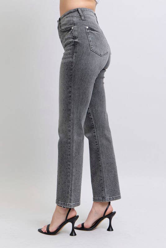 Judy Blue Jeans - HW Rhinestone Straight: Gry / 0(24)