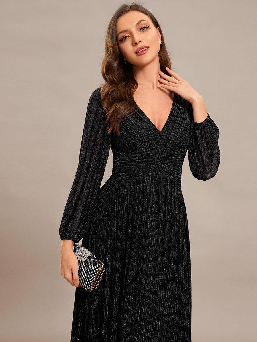 Ever-Pretty - Maxi Long Chiffon Waist V Neck Long Sleeves Evening Dress: Burgundy / 14