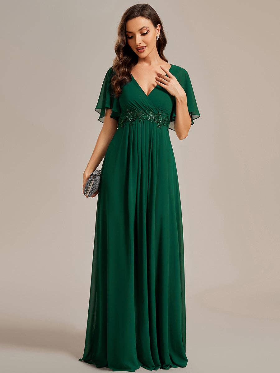 Ever-Pretty - V Neck Appliques Pleated Bridesmaid Dress: Dark Green / 24