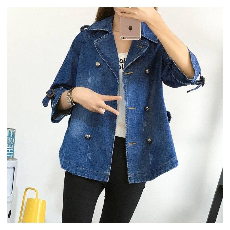 UZ Wholesale Store - Double Breasted Loose Denim Jacket: BABY BLUE / XL