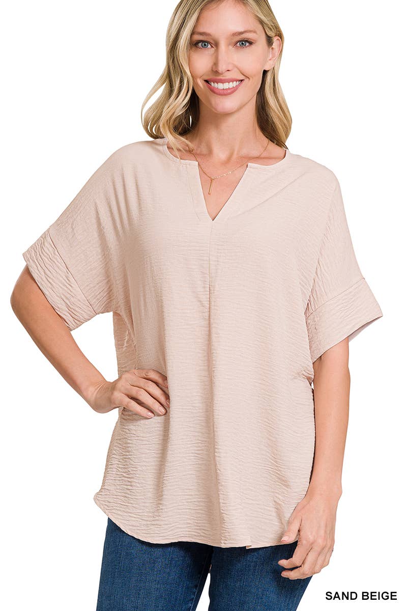 42POPS-Woven Airflow Split Neck Short Sleeve Top Coral