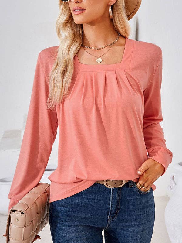 UZ Wholesale Store - Long Sleeves Loose Pleated Solid Color Square-Neck T-Shirts Tops: PINK / L