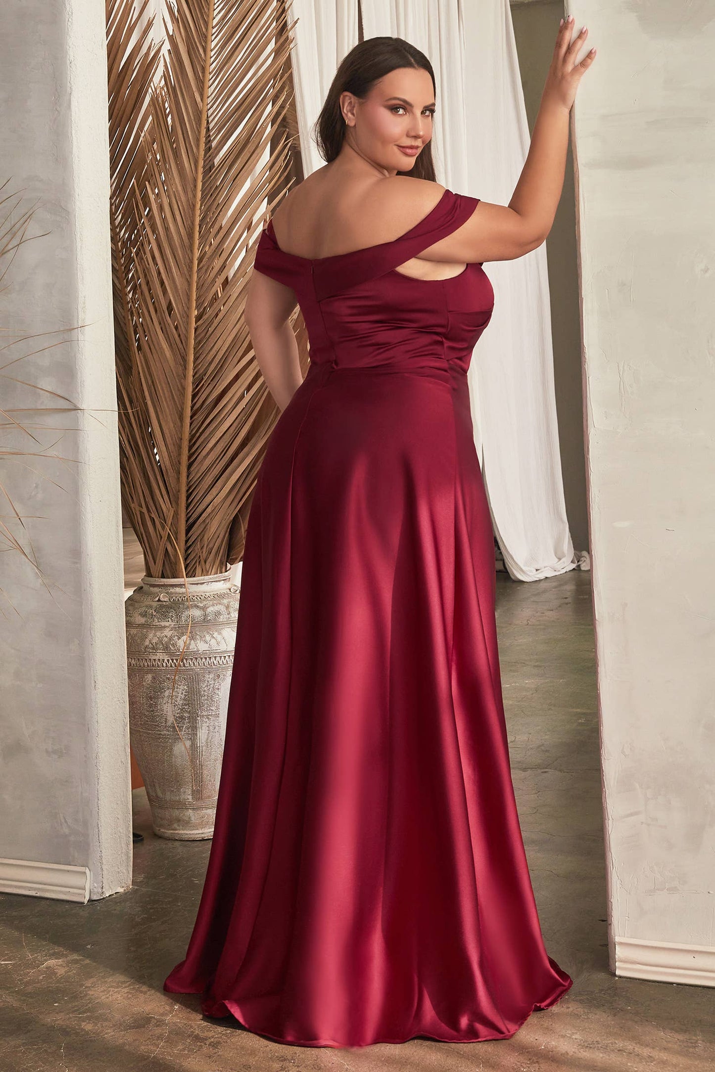 Ladivine by Cinderella Divine - SATIN OFF THE SHOULDER GOWN: EMERALD / 24