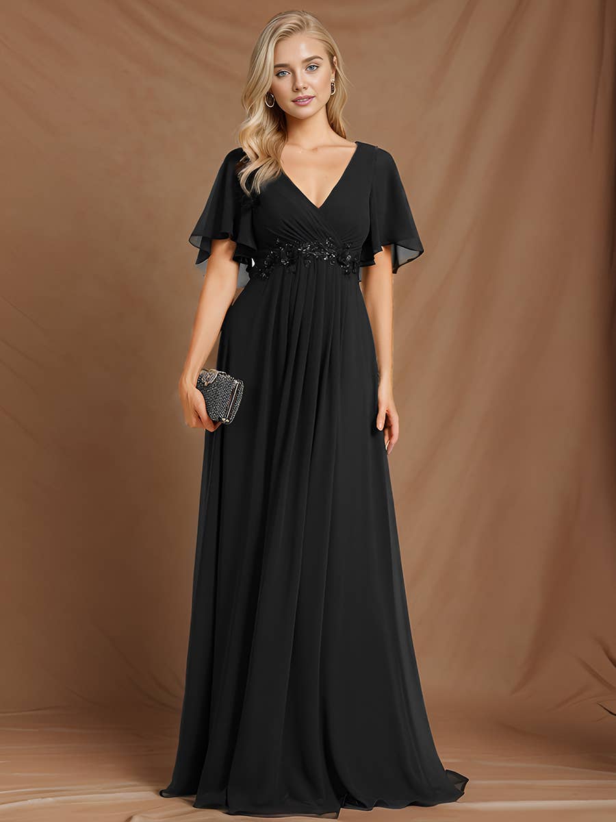 Ever-Pretty - V Neck Appliques Pleated Bridesmaid Dress: Burgundy / 12