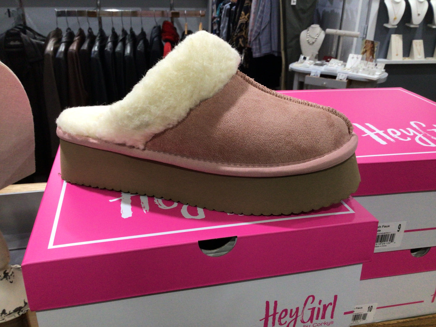 Hey Girl by Corky’s.  Cuddle Up Blush Faux Suede Moccasins