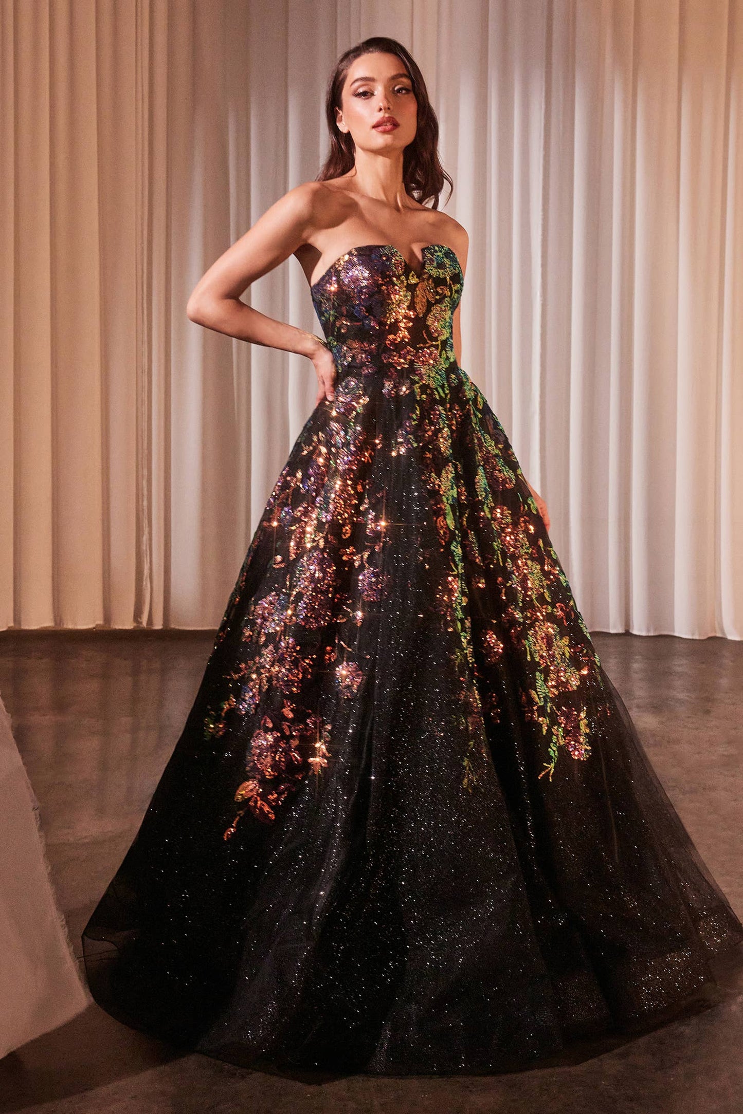 Ladivine by Cinderella Divine - STRAPLESS FLORAL APPLIQUED BLACK BALL GOWN: Black / 6