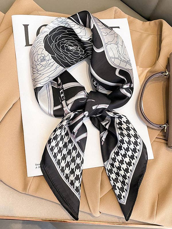 U.Z.  Flower Print Houndstooth Scarf: BLACK / One_size