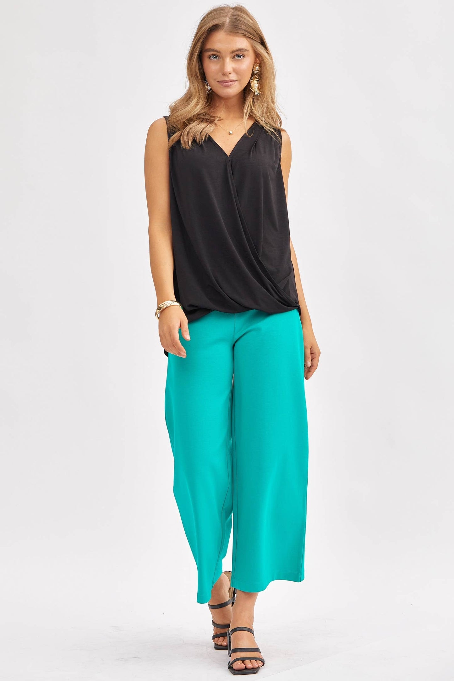 Dear Scarlett - Surplice V Neck Solid Sleeveless Tank Top: BLACK / L