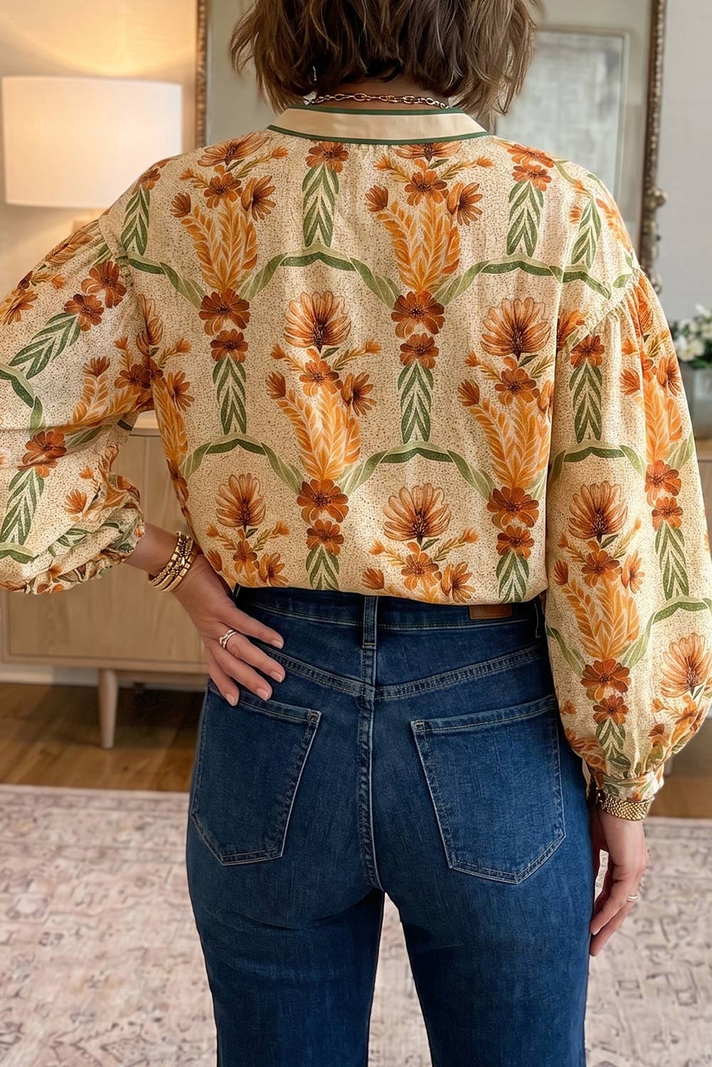 66DISCO - Floral Print V Neck Long Sleeve Shirt (S-XL): Yellow / XL