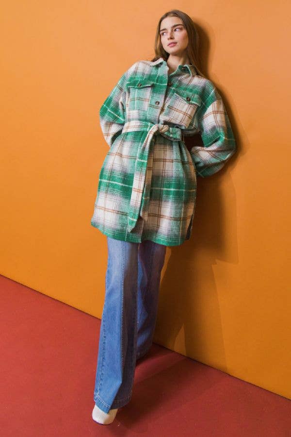 FLYING TOMATO Plaid Midi Shacket Green & Ivory