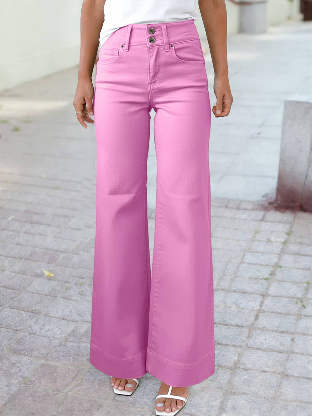 1 the Woman - High Waisted Double Button Wide Leg Elastic Denim Jeans: Black / 8