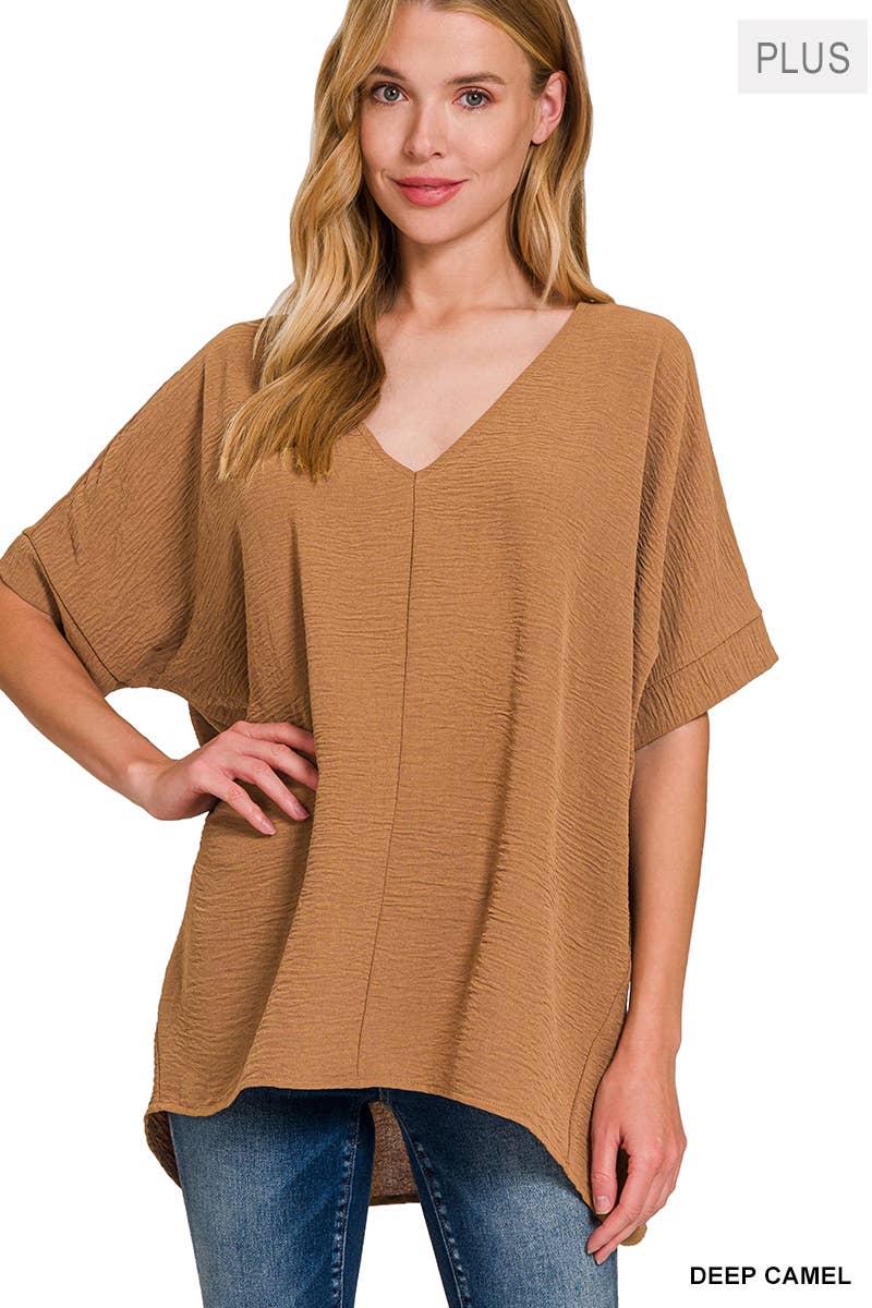 42POPS - PLUS SIZE WOVEN AIRFLOW V-NECK DOLMAN SHORT SLEEVE TOP: LT NAVY-152211 / 3X