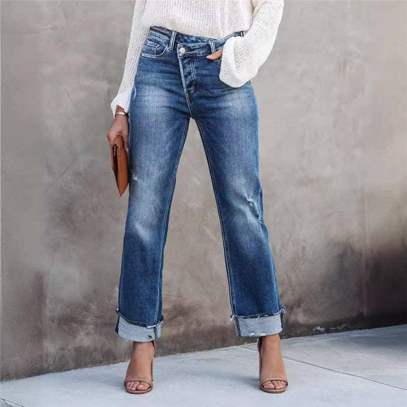 UZ Wholesale Store - Relaxed Fit Straight Leg Denim Jeans: BLUE / M