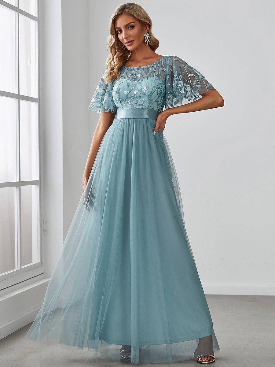 Ever-Pretty - Sequin Print Maxi Long Evening Dresses with Cap Sleeve: Dusty Navy / 14