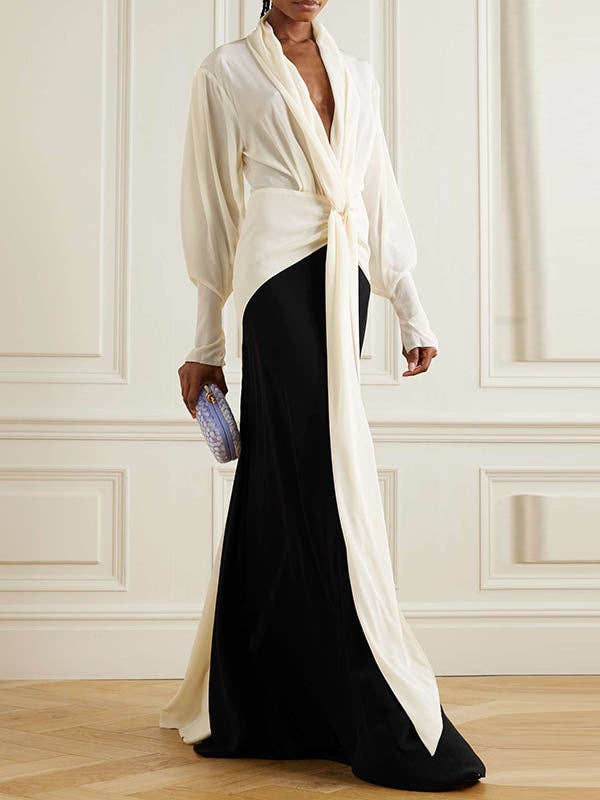 FurDecoration - Long Sleeve Loose V-Neck Maxi Dress with Contrast Color: BLACK WHITE / S