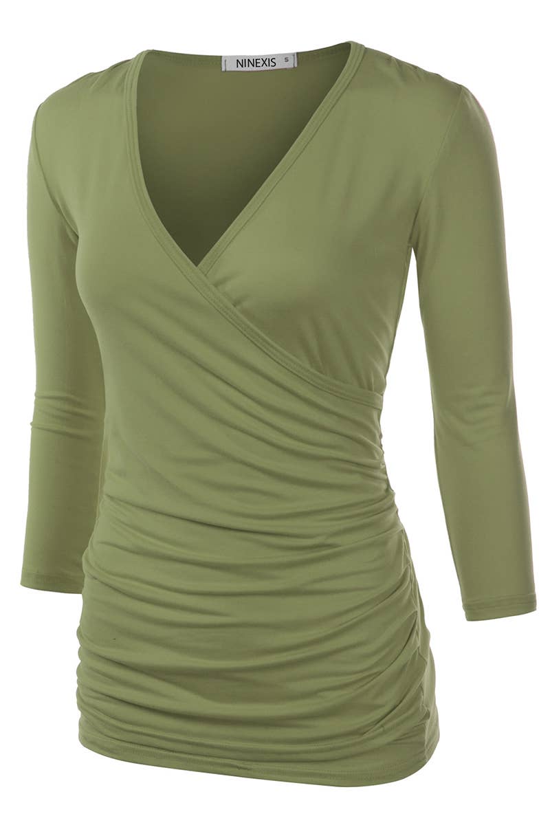 NINEXIS - CWTTL1403_3/4 Sleeve Tank Tops Deep V-Neck Surplice Wrap: NAVY / (S) 1