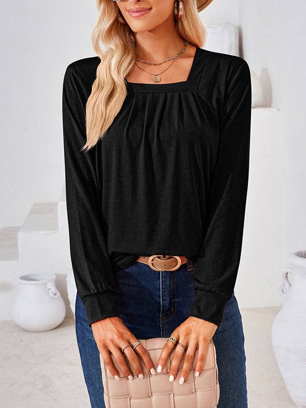 UZ Wholesale Store - Long Sleeves Loose Pleated Solid Color Square-Neck T-Shirts Tops: PINK / 2XL