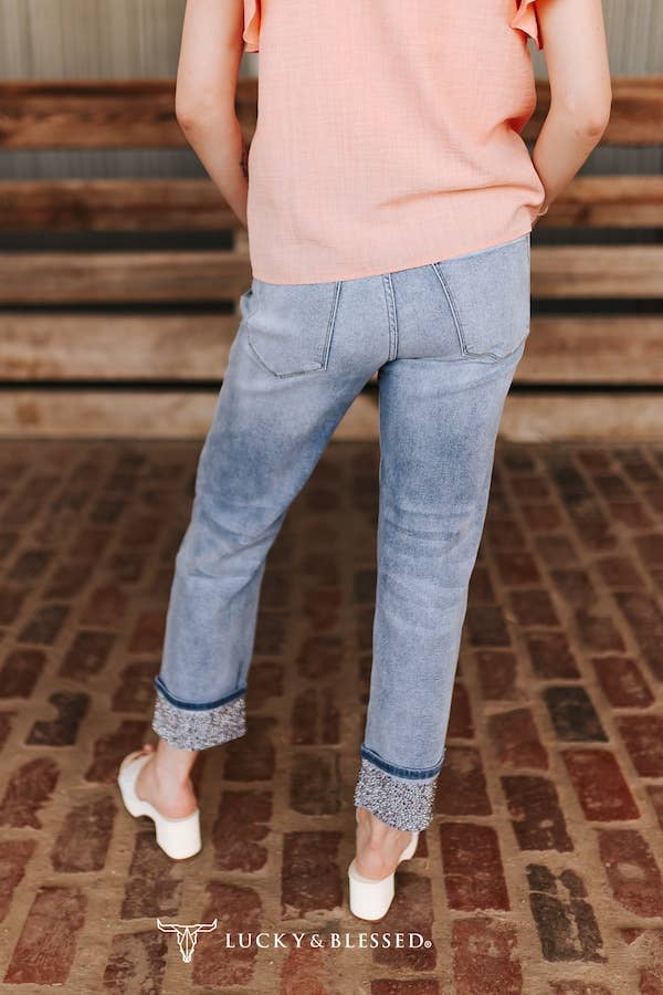 LUCKY & BLESSED - Light Wash Mid Rise Rhinestone Cuffed Boyfriend Jeans