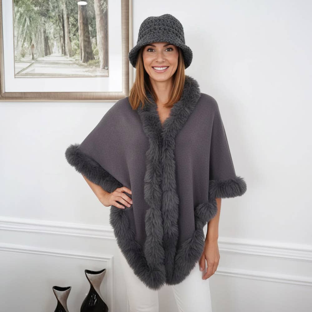 Sensibling Corp. - Elegant Faux Fur Trim Cape Poncho: Royal Blue
