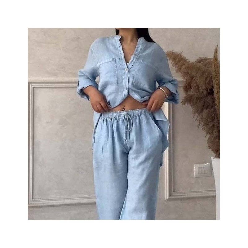 UZ Wholesale Store - Casual Solid Shirt Drawstring Wideleg Pants Set: BLACK / M