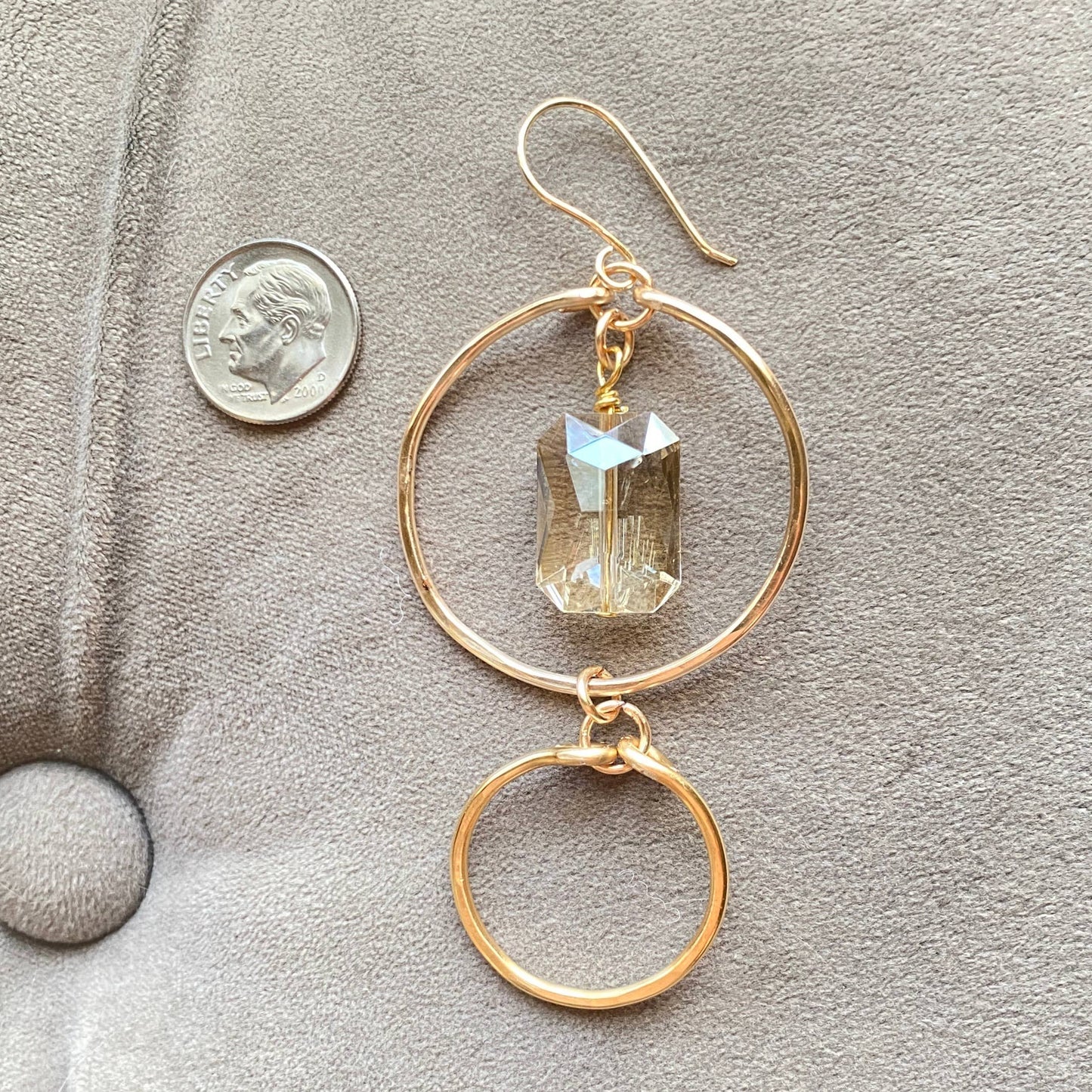Marble Designs Jewelry - Gold Hammered Double Hoop Earrings with Champagne Crystal: Champagne