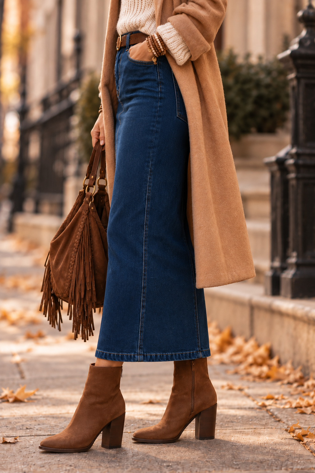 LaughTail Tees - High-Waisted Modest Straight Denim Maxi Skirt: Navy / S/40