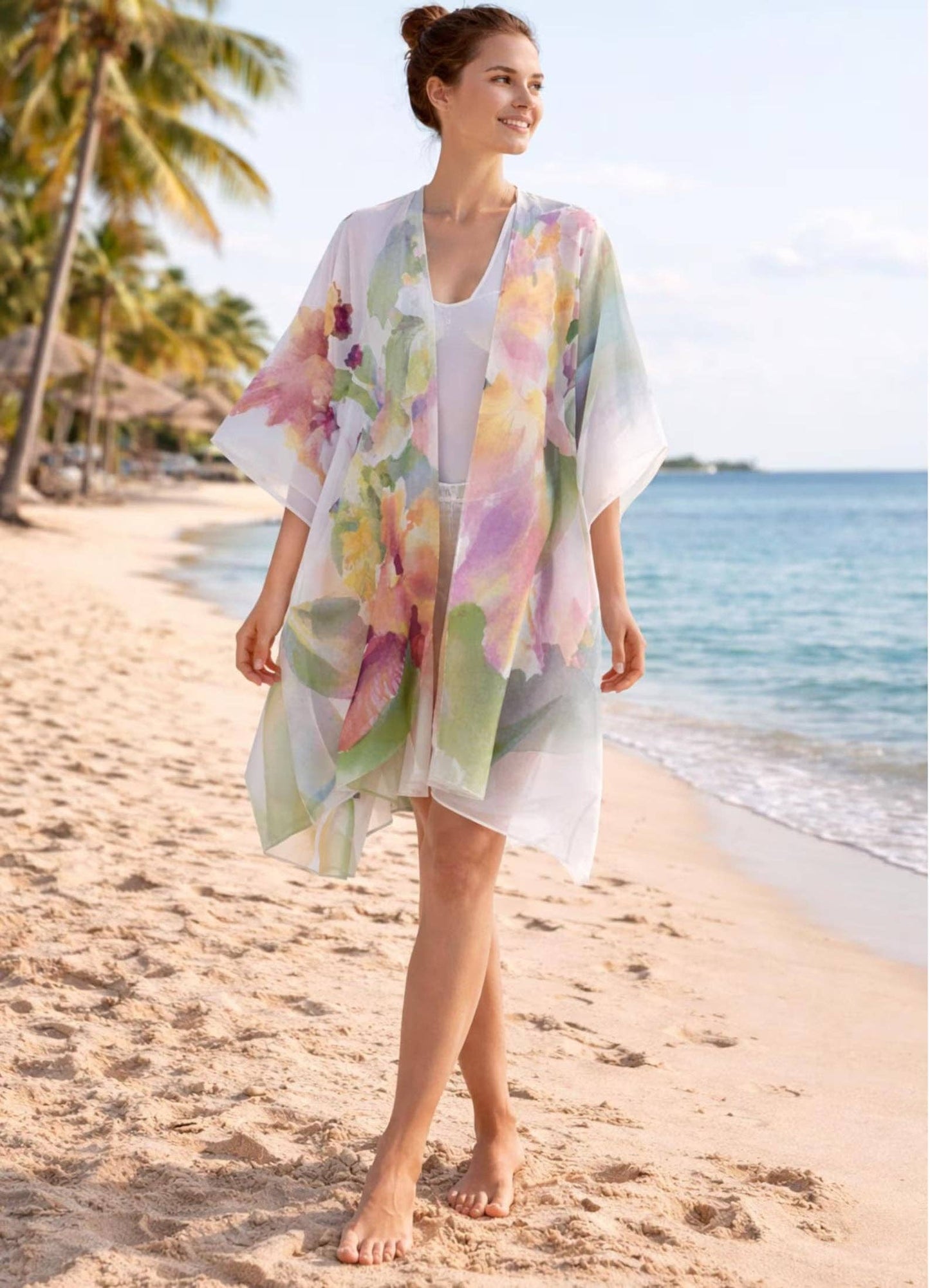 JC Sunny Fashion - JC070961 Blooming Orchid Watercolor Kimono Cover-Up